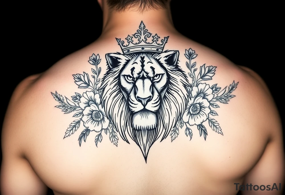 powerful majestic lion with a crown, surrounded by floral ornaments and birds tattoo idea