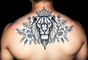 powerful majestic lion with a crown, surrounded by floral ornaments and birds tattoo idea