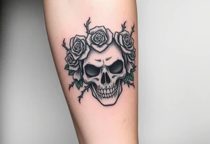 ornate skull adorned with crown of wild roses and thorns tattoo idea