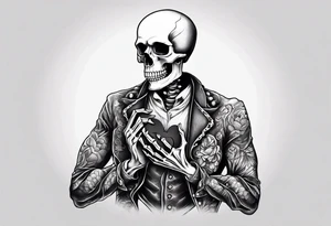 a full body skeleton sitting holding his heart in his hand tattoo idea