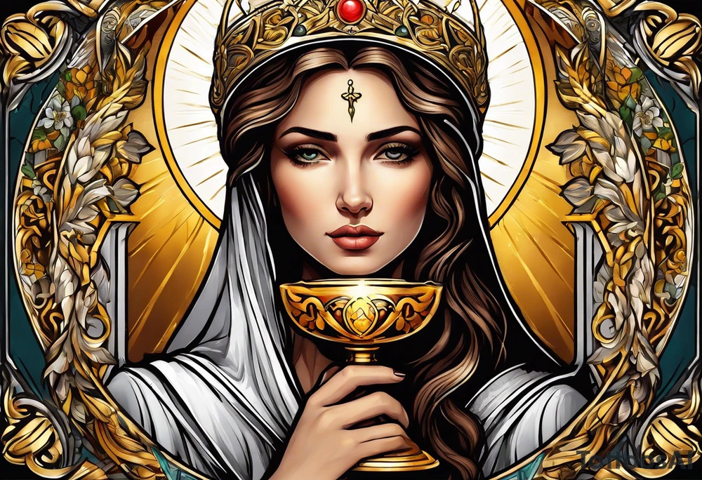 woman saint holding chalice surrounded by golden halo tattoo idea