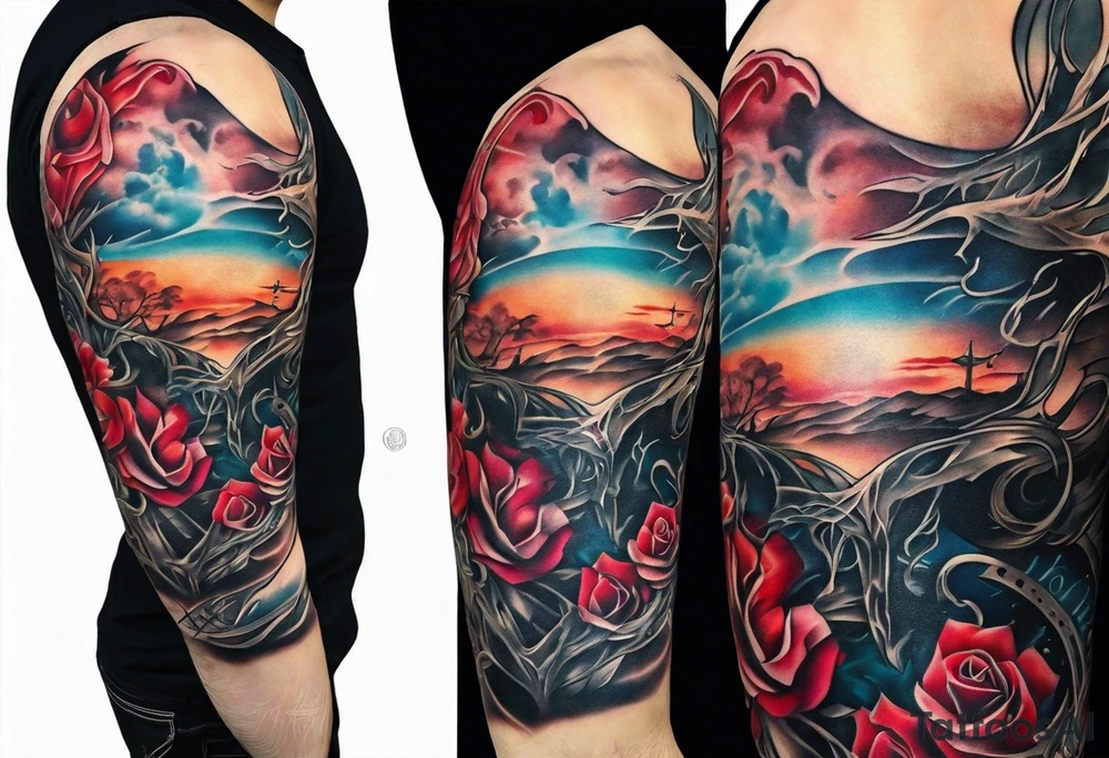 Arm sleeve depicting broken heart, pain suffering and loneliness tattoo idea