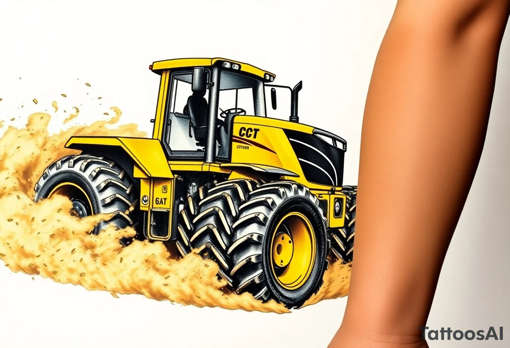 A hyper-realistic yellow tractor in motion, dust swirling around its massive tires. tattoo idea