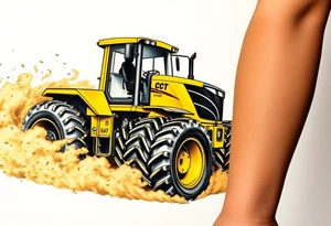 A hyper-realistic yellow tractor in motion, dust swirling around its massive tires. tattoo idea