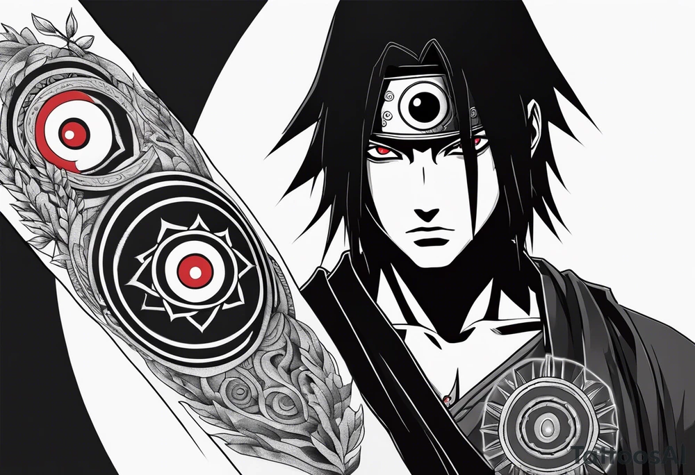 Uchiha Itachi with sharingan on tricep tattoo idea