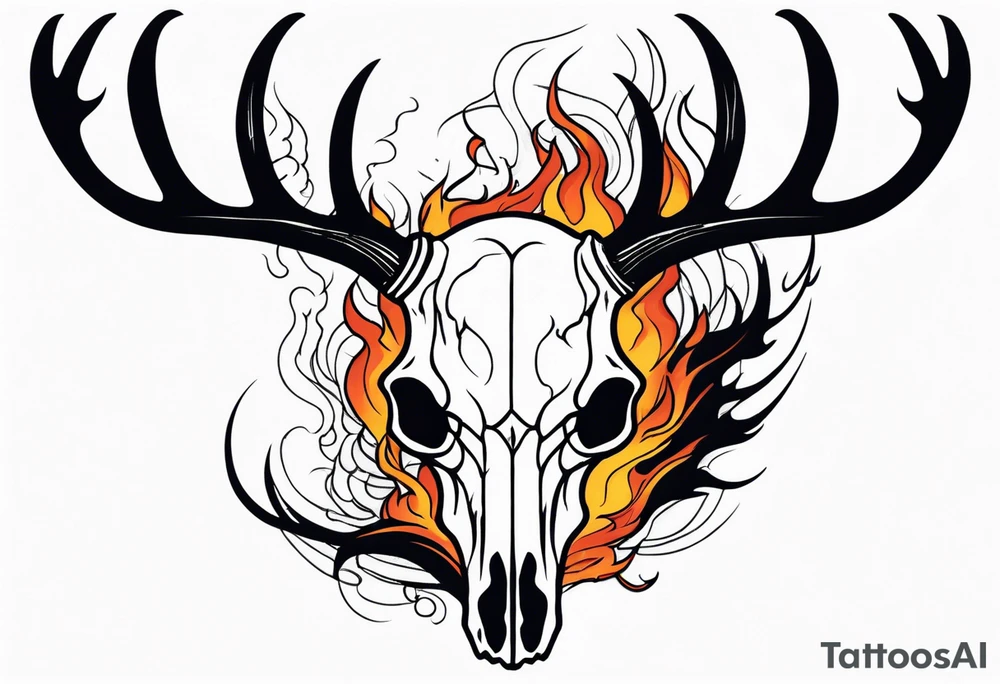 Halloween side view of a DECAYING deer skull JUST BONE surrounded by a flames in background tattoo idea