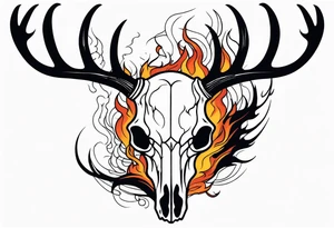 Halloween side view of a DECAYING deer skull JUST BONE surrounded by a flames in background tattoo idea