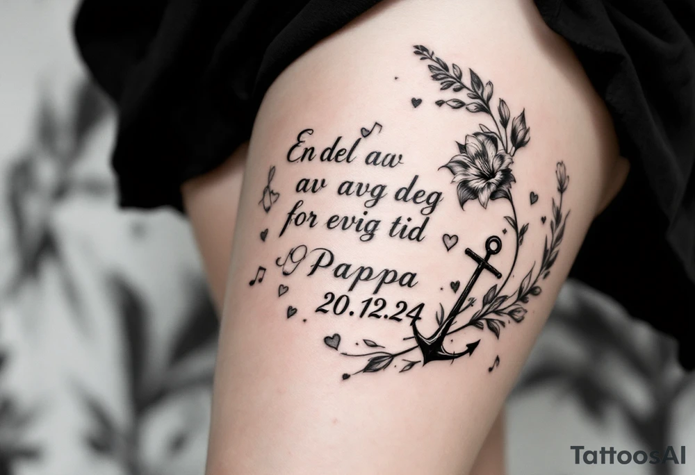 «En del av deg for evig tid
Pappa 20.12.24» Surrounded by long gladiolus, hearts, notes and an anchor tattoo idea