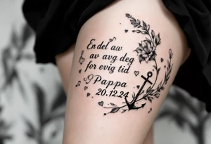 «En del av deg for evig tid
Pappa 20.12.24» Surrounded by long gladiolus, hearts, notes and an anchor tattoo idea