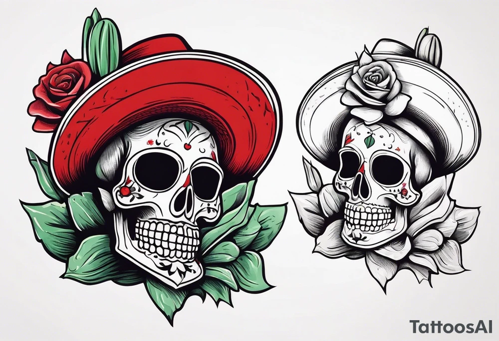 red rose wearing Mexican hat, cactus, without skull, day of dead tattoo idea
