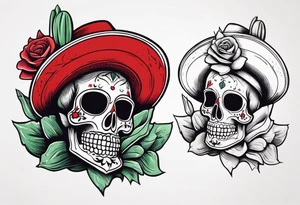 red rose wearing Mexican hat, cactus, without skull, day of dead tattoo idea