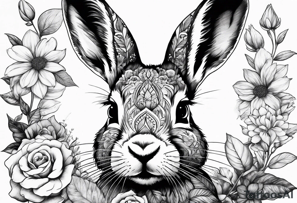 Realistic rabbit head in the middle of realistic flowers and leaves tattoo idea