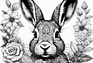 Realistic rabbit head in the middle of realistic flowers and leaves tattoo idea