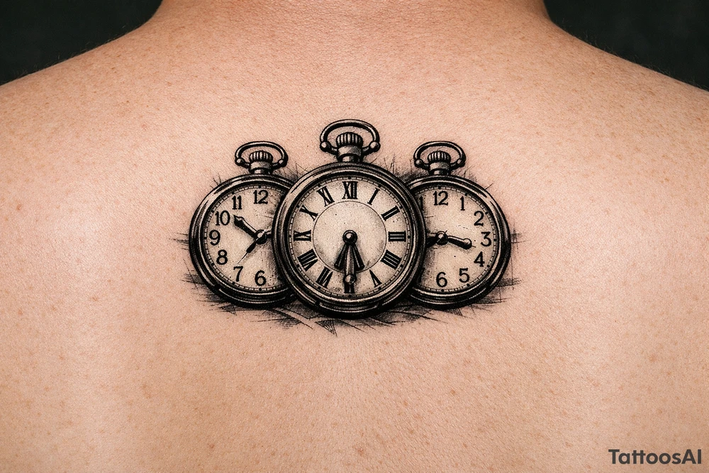 Three vintage pocket watches, open faces, showing different times. tattoo idea
