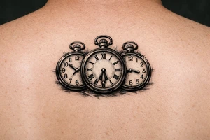 Three vintage pocket watches, open faces, showing different times. tattoo idea