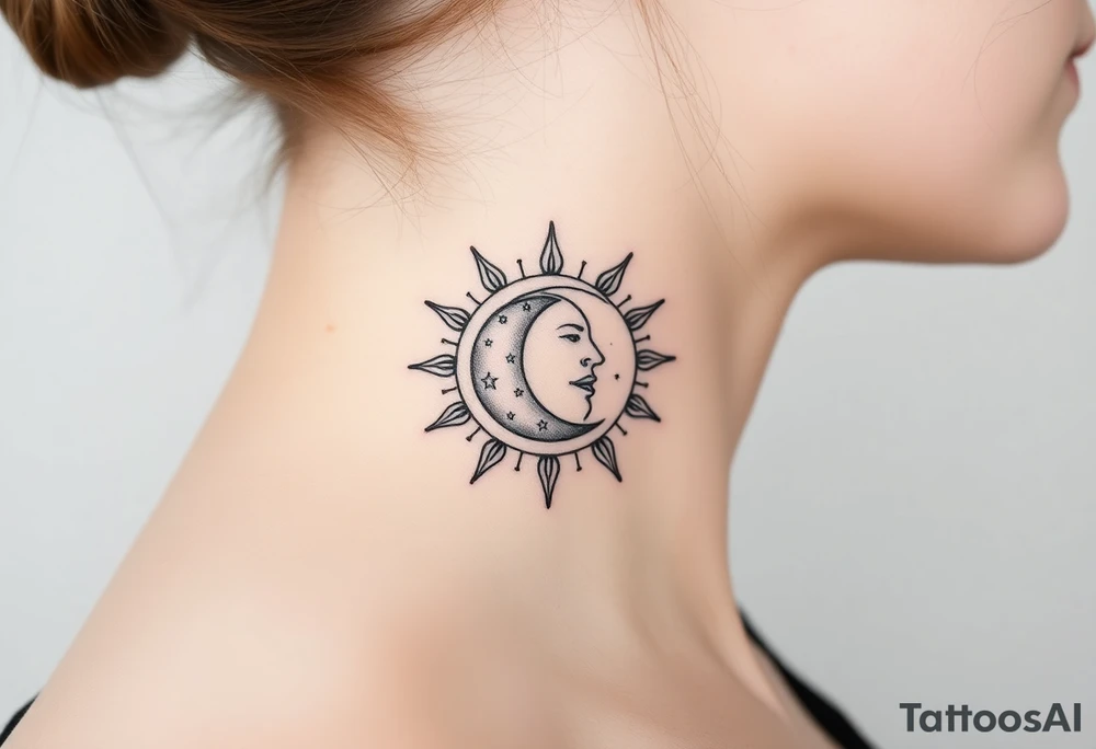 celestial sun and moon embrace with constellation patterns tattoo idea
