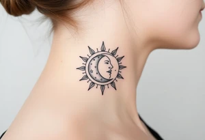 celestial sun and moon embrace with constellation patterns tattoo idea