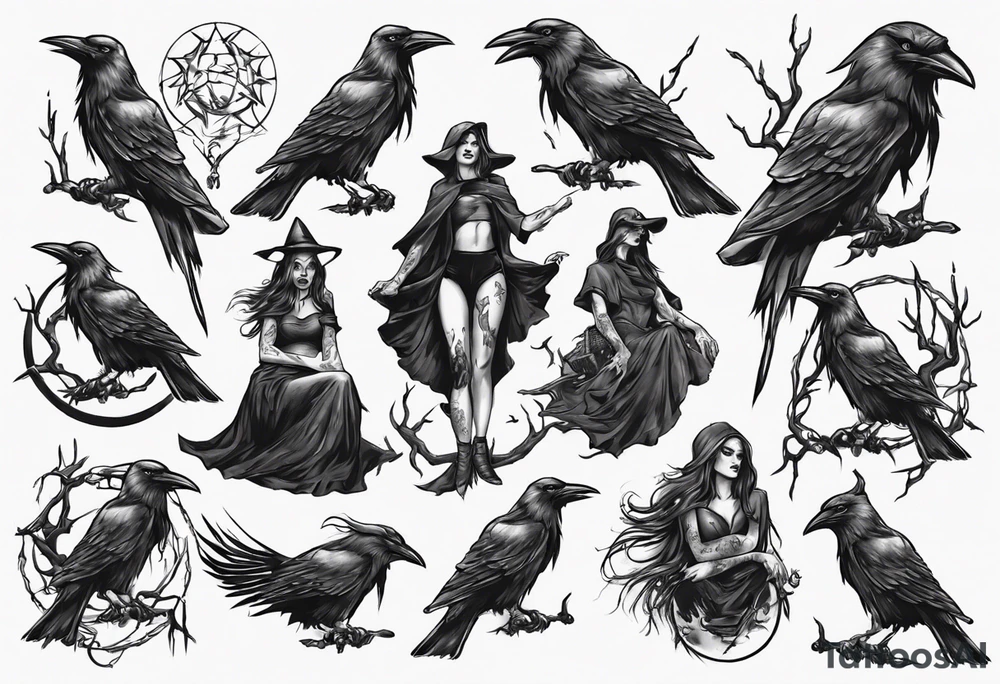 witch with crows tattoo idea
