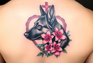 side profile german shepherd dog with pink floral lilies in a watercolour style with blue and green in front of a sacred heart tattoo idea