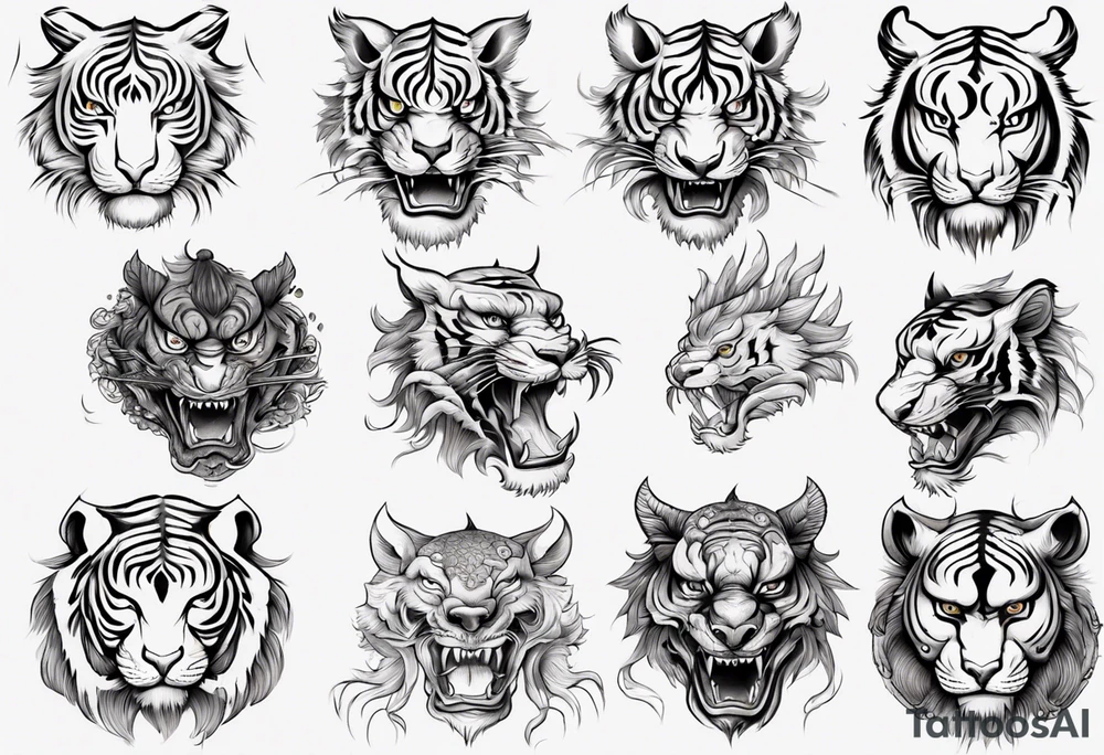 Ancient mythical tiger like creature on a sleeve tattoo idea