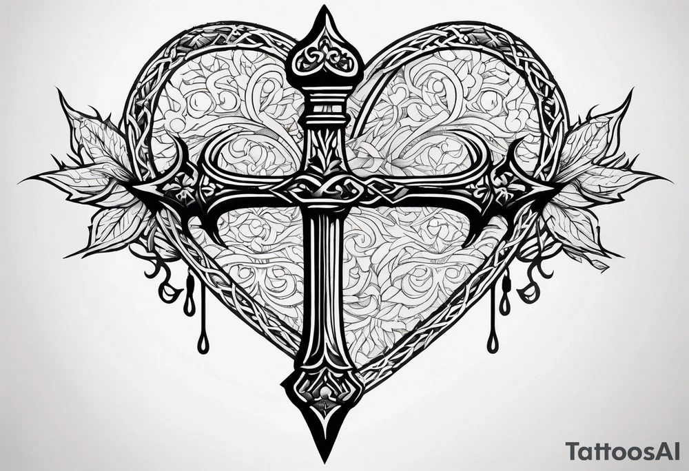 A simple design of a crown of thorns resting on the guard of a sword that is piercing a heart tattoo idea