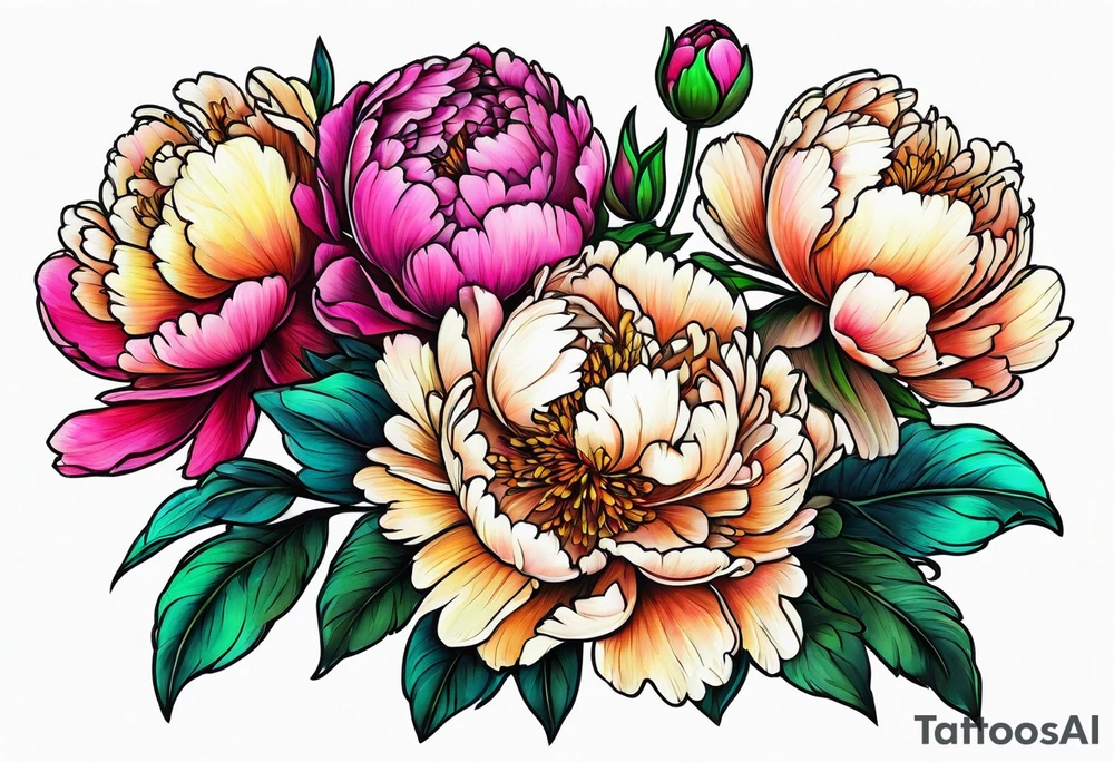 colorful peonies bouquet, neon colored tattoo idea