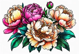 colorful peonies bouquet, neon colored tattoo idea