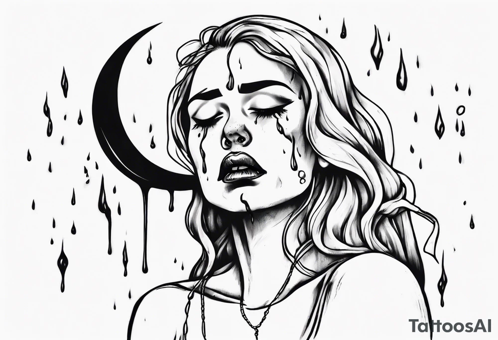 crescent moon with crying woman. she's crying tears of blood tattoo idea