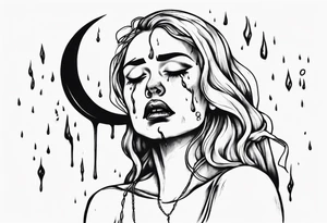 crescent moon with crying woman. she's crying tears of blood tattoo idea