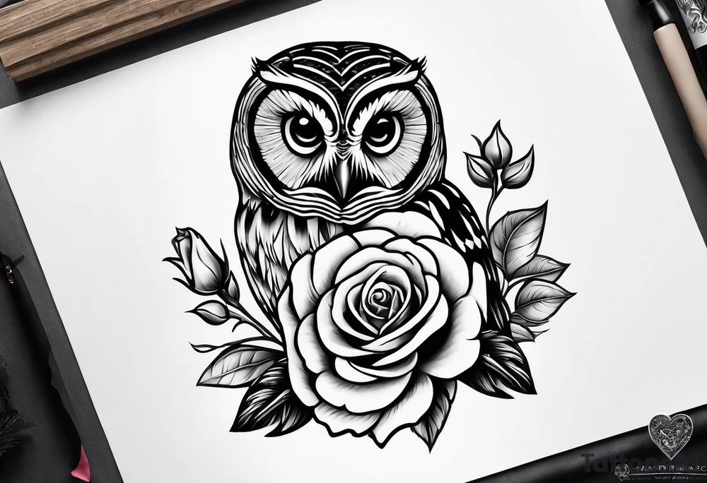 Barred owl holding a rose and a heart tattoo idea