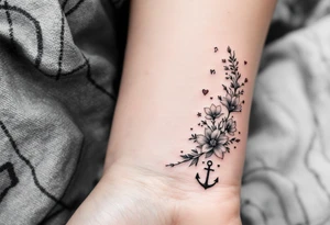 make a qoute saying "En del av deg for evig tid. 
Pappa 20.12.24"
Surrounded by delicate long blossom gladious, music notes, hearts and an anchor on the lower right side tattoo idea