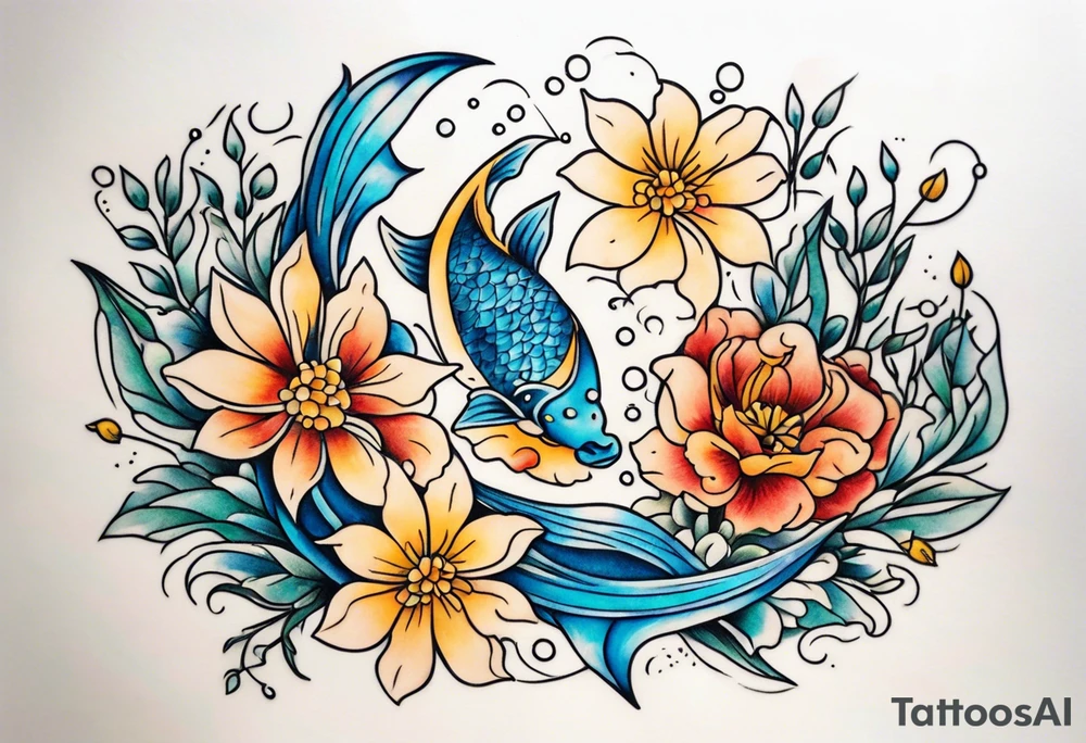 Pisces with flowers tattoo idea