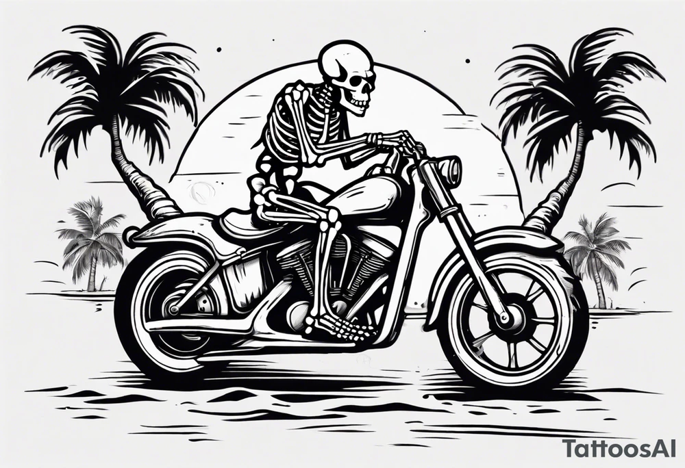 A skeleton riding a motorcycle on the beach with palm trees drinking a beer tattoo idea A skeleton riding a motorcycle on the beach with palm trees drinking a beer tattoo idea
