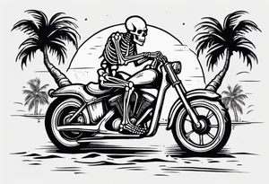 A skeleton riding a motorcycle on the beach with palm trees drinking a beer tattoo idea