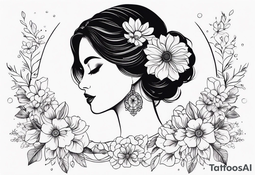 Feminine inspired upper sleeve tattoo with flowers, lace and moon tattoo idea