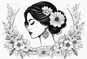Feminine inspired upper sleeve tattoo with flowers, lace and moon tattoo idea