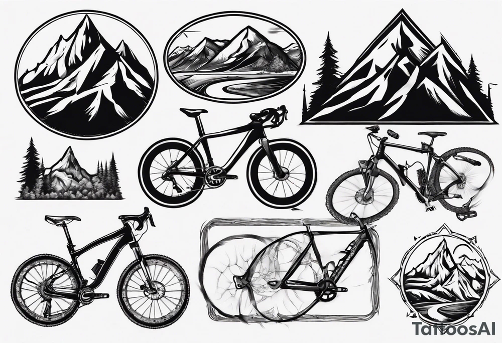 flexed bicep with road bicycle and a mountain tattoo idea