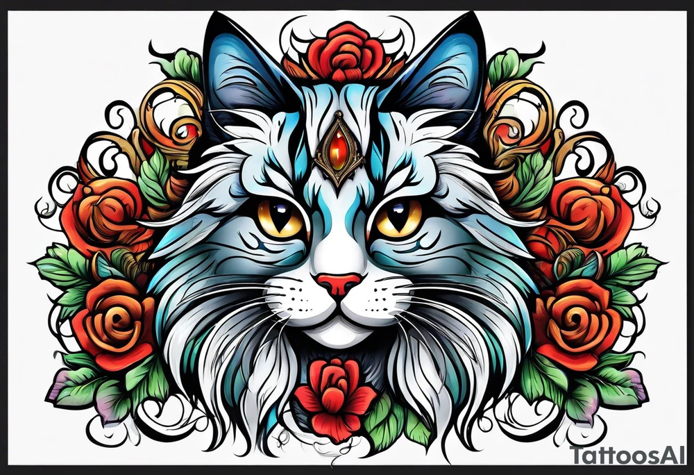 Long hair cat Maine coon, regal, face tattoo idea