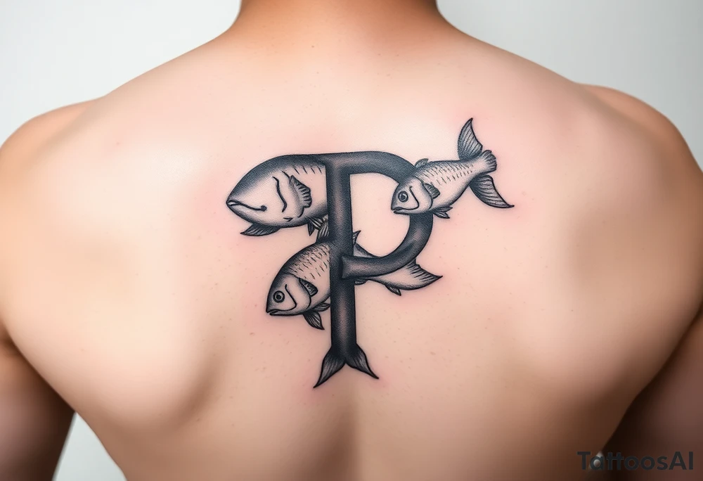 Using the letter P in “Pisces” to create tu fish swimming in different directions tattoo idea