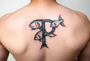 Using the letter P in “Pisces” to create tu fish swimming in different directions tattoo idea