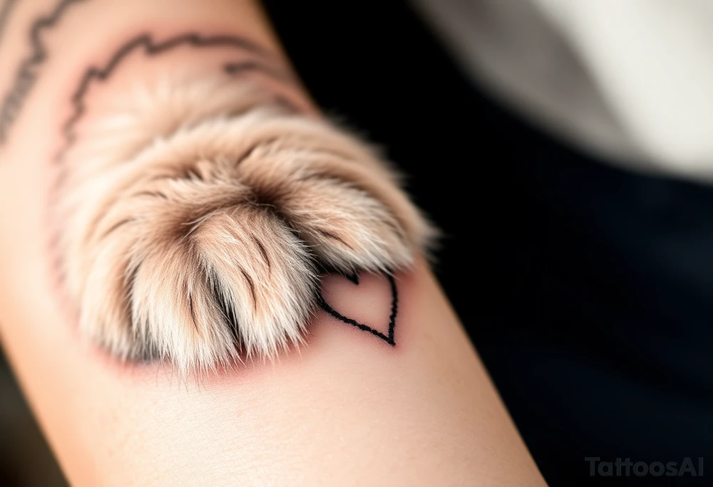 A detailed cat paw with soft fur textures, using natural tones of cream, gray, and light brown for a delicate and cozy feel and heart tattoo idea