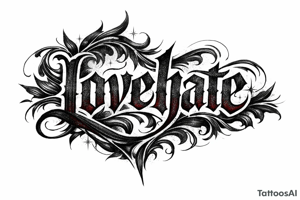 Textured font 'lovehate' in charcoal with deep red highlights. tattoo idea