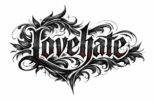 Textured font 'lovehate' in charcoal with deep red highlights. tattoo idea