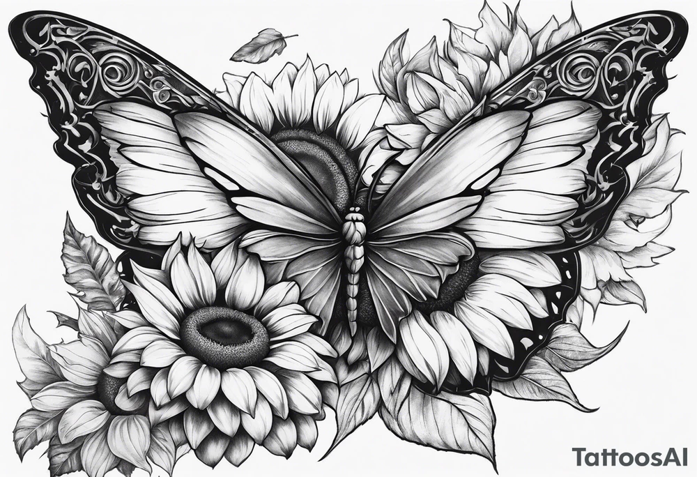 Sleeve with angel wings, sunflower and butterfly tattoo idea