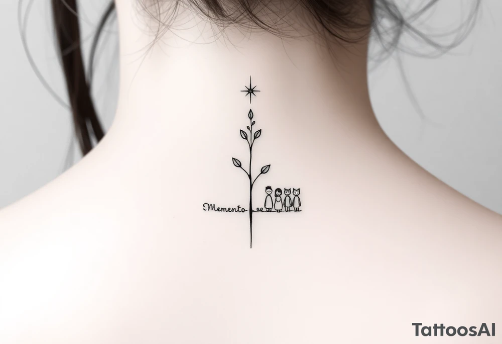 Tatouage minimaliste fine line noir, placement intérieur de l'avant-bras. Composition verticale élégante et discrète. Un petit sablier géométrique représente "Memento Mori". Une branche fine porte cinq petites feuilles symbolisant un homme, une femme, une fille et deux chats. Au-dessus de la branche, une étoile solitaire représente un enfant disparu mais toujours présent. Une légère fissure réparée dans la ligne centrale symbolise la résilience. Style épuré, intemporel, spirituel, lignes fines, peu d'encre, aucun remplissage noir massif, design harmonieux et émotionnel. tattoo idea