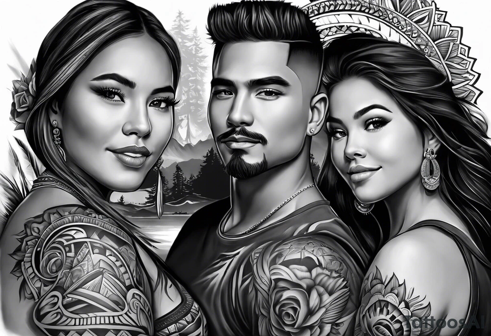 Mexican American inspired that incorporates being a father,  love for son and daughter with the importance of building wealth. Include elements of the Pacific Northwest Forrest on shoulder.
Sons name is Andres and Daughters name is Aliana tattoo idea