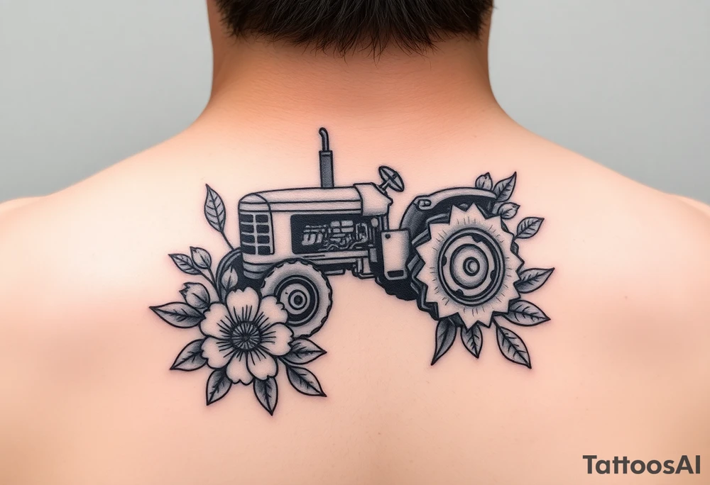 Small 
Dainty behind the ear tractor tattoo surrounded with flowers tattoo idea