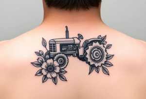 Small 
Dainty behind the ear tractor tattoo surrounded with flowers tattoo idea