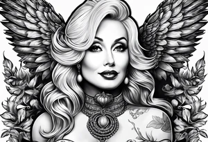 An angelic tattoo featuring Dolly Parton, an acorn, wings tattoo idea