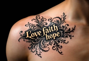 Vintage type font in sepia ink love faith hope, decorated with fine black-and-gray filigree patterns. tattoo idea